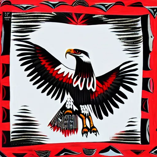 Prompt: Cree Native Eagle Painting, White Red and Black, White Canvas Background