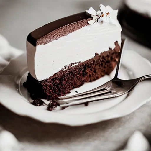 Prompt: “Food photography of “chocolate mint mousse cake” with garnishes, 85mm f1.2, extremely detailed”