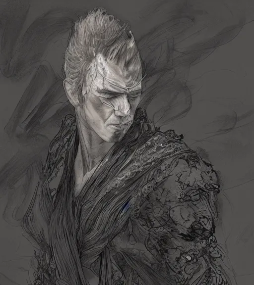 Prompt: portrait of shaven man with blond ponytail hair up wearing black robes, pen and ink, intricate line drawings, by craig mullins, ruan jia, kentaro miura, greg rutkowski, loundraw