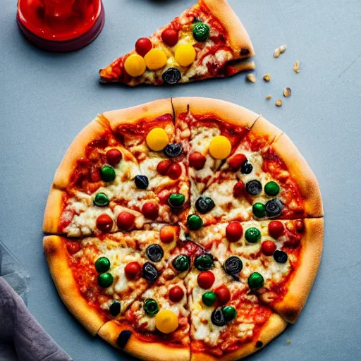 Prompt: A delicious plate of pizza with gummy bears on, food photography, michilin star