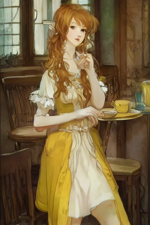 Image similar to A girl in a maid's outfit in a cafe a afternoon, wavy hair yellow theme,S line,45 angel by krenz cushart and mucha and trnyteal and ra-lilium