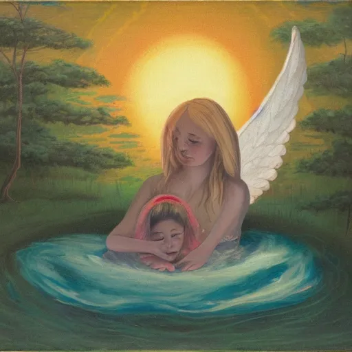 Prompt: A 6-eyed Angel lulling a child to sleep in the middle of a lake at night, oil painting, n 6