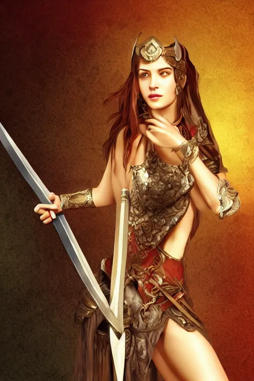 Image similar to digital art of a pretty girl with a long sword in her hands. detailed body, medieval theme, pretty lighting, detailed face, sharp focus, intricate details