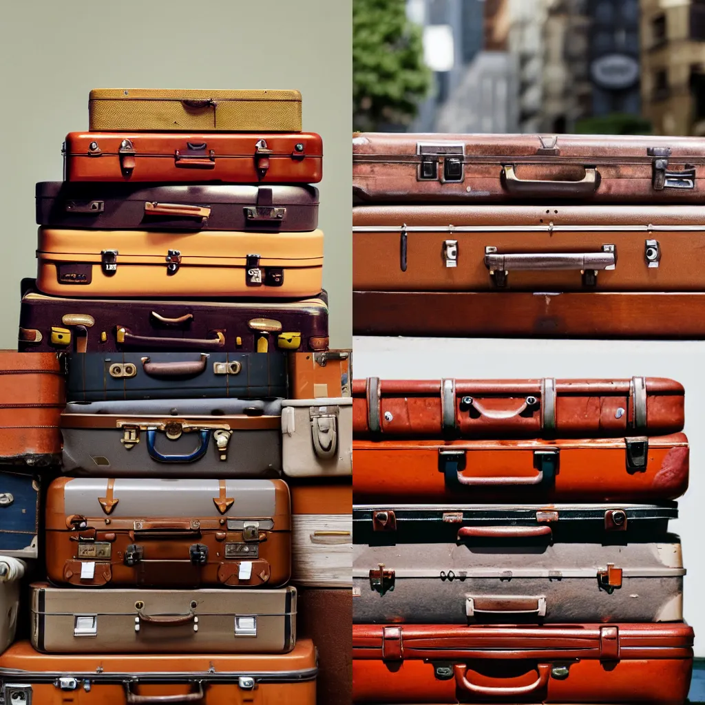 Prompt: a bunch of old suitcases stacked on top of each other, a still life by hilda annetta walker, trending on unsplash, postminimalism, cluttered, associated press photo, skeuomorphic