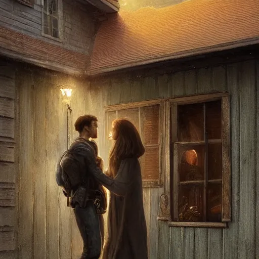 Image similar to a guy is leaving is home with luggage and sad angry mood, his wife is kissing another man under the porch of the house, highly detailed,, artstation hd, deviantart, by madgwick,, greg rutkowski, artgerm