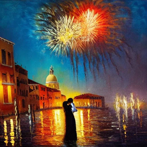 Image similar to an oil painting of couple kissing, in a background fireworks in venice