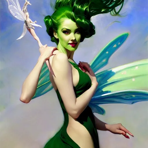 Image similar to greg manchess painting of fairy god mother, green and white hair, long wings, sorceress wand, soft lighting, trending on artstation, by huang guangjian and gil elvgren and sachin teng