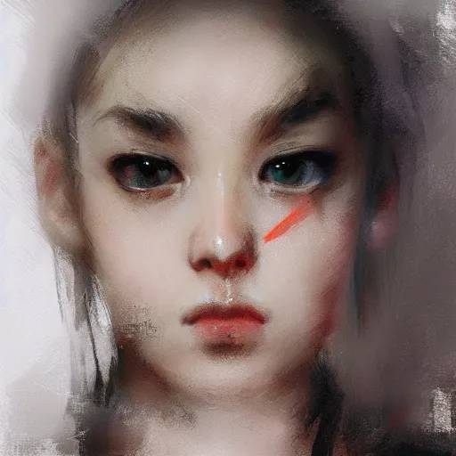 Image similar to a cute girl by ruan jia, closeup headshot, black ponytail, movie style.