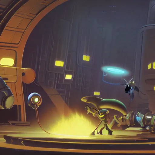 Image similar to ralph mcquarrie concept art for ratchet & clank, matte scene