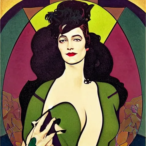 Image similar to Eva Green is Metamorpho, the Element Woman, Art by Coles Phillips, Chalk white skin, deep purple hair, Green eyes, Portrait of the actress, Eva Green as Metamorpho, geometric art, art deco, Alphonse Mucha, Vasily Kandinsky, carbon black and antique gold