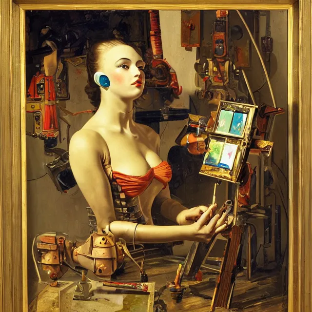 Image similar to robot artist painting a self - portrait on a canvas. intricate, highly detailed, digital matte painting, in the style of alexandros pyromallis, and in the style of hans thoma, and in the style of gil elvgren. irony, recursion, inspiration.