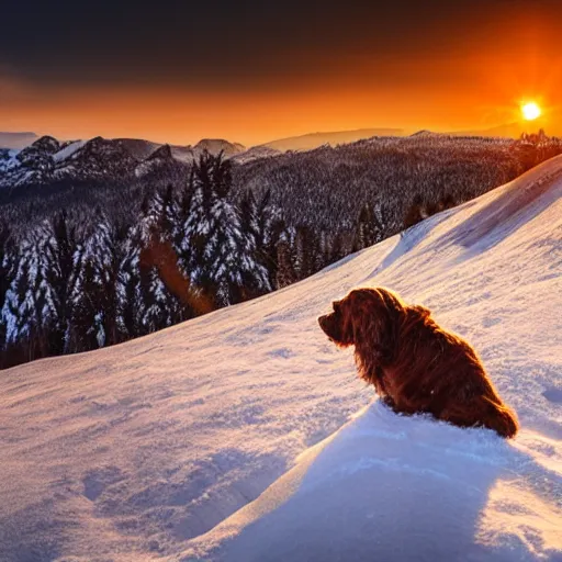 Prompt: A light brown English Cocker Spaniel howling on a snowy mountain, photo realistic, well detailed, with a sunset