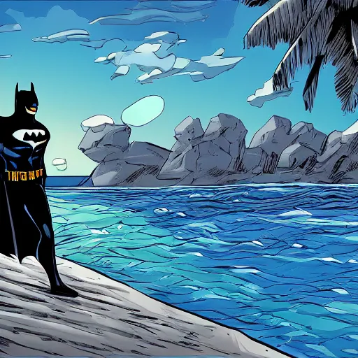 Prompt: batman at the beach swimming in the sea, comic art style, digital art, highly detailed, art station, photo realistic