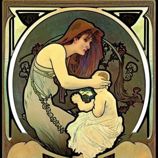 Image similar to A delicate painting of a grey alien stealing a baby, by Alphonse Mucha, art nouveau, detailed, elegant