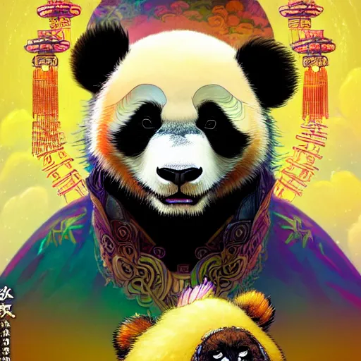 Image similar to a beautiful hyperdetailed character design 4 k wallpaper illustration of a cute panda with a chinese lion dance head victo ngai cyberpunk style, from china, style of studio ghibli, makoto shinkai, raphael lacoste, louis comfort tiffany, artgerm, james jean, ross tran, chinese style