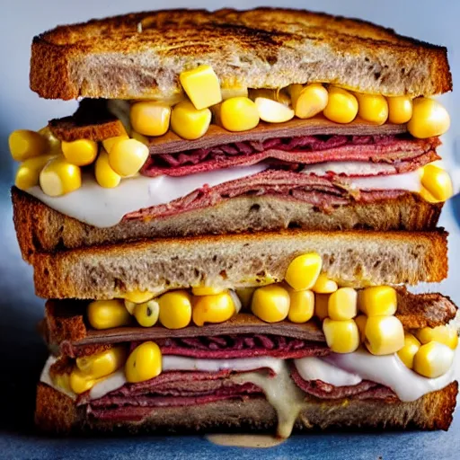 Image similar to a photograph of a rueben sandwich filled with so much corn beef that the sandwich is 5 times taller than other sandwiches, it looks mouth watering with melting cheeses and grilled onions, 1 0 0 0 island dressing and pumpernickle bread cooked to perfection, food photography