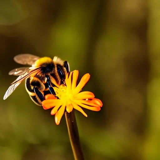 Image similar to a bee landing on a flower in a forest on fire, there is fire everywhere, macro photography, ambient light