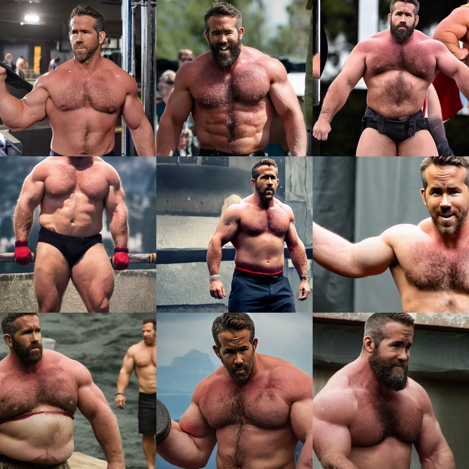 Prompt: ryan reynolds as a big burly padded strongman, 4 k hd