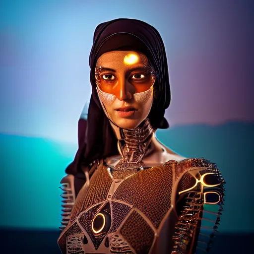 Image similar to beautiful centered Fine art photo portrait of Jordanian girl as a solarpunk robotic humanoid, arab mechanical parts with led lights, photorealistic, white background, highly detailed and intricate, sunset lighting, HDR 8k