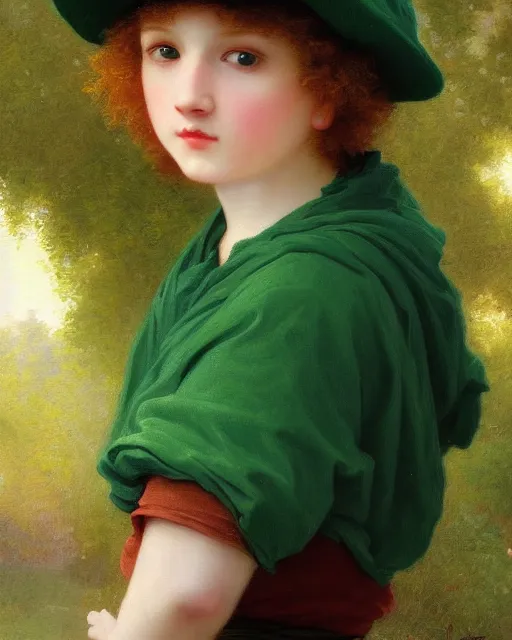 Prompt: beautiful glorious realistic oil painting of young kyle broflovski in green hat, bokeh, baroque style by bouguereau, sunset, highly detailed, 8 k intricate