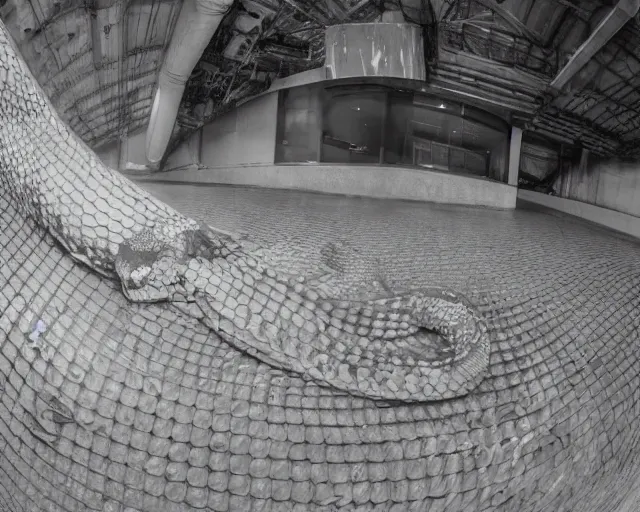 Image similar to camera footage of a giant Python in an abandoned shopping mall, high exposure, dark, monochrome, camera, grainy, CCTV, security camera footage, timestamp, zoomed in, fish-eye lense, snake,