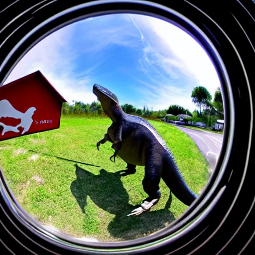 Image similar to fisheye view of dinosaur stealing packages, ring doorbell view