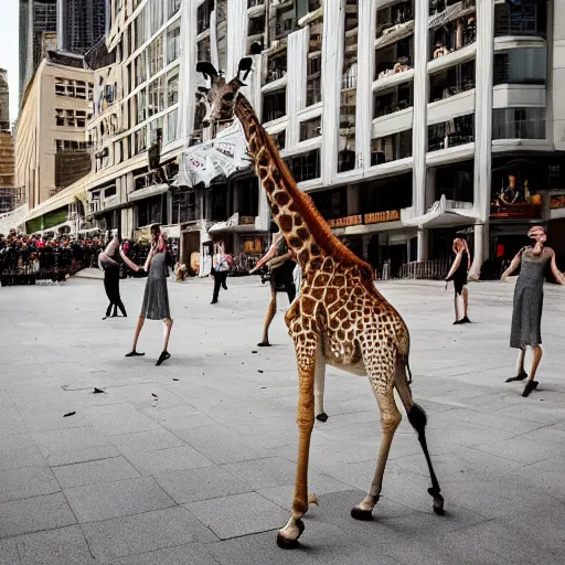 Image similar to a giraffe dancing ballet in the center of city