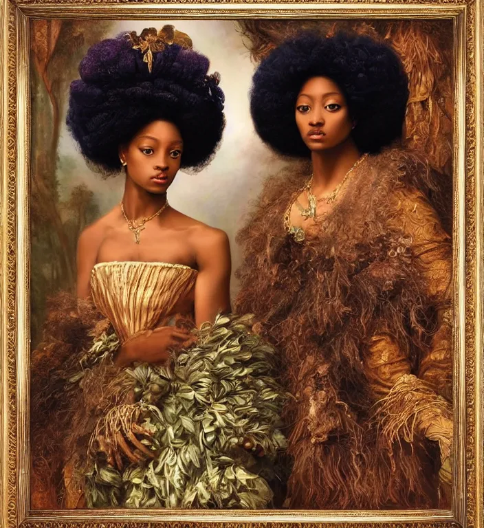 Image similar to a breathtakingly stunningly beautifully highly detailed portrait of a afro queen, ornately framed, by rosetti and devinci and michael cheval and sidney cooper and turner, 4 k