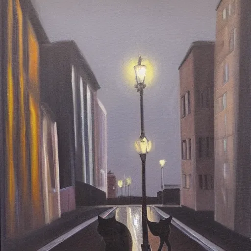 Prompt: oil painting of a black cat walking down a street at night, wide angle, tall buildings