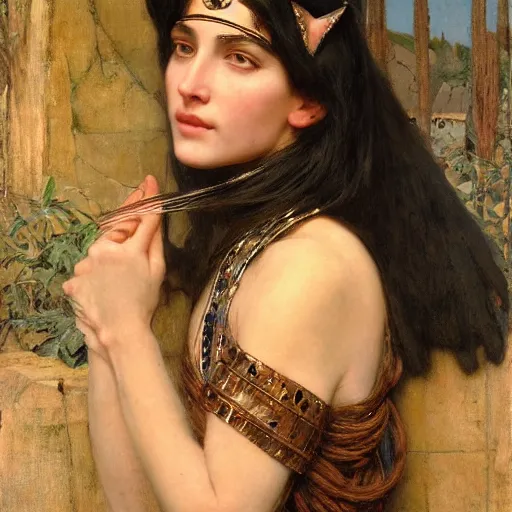 Image similar to orientalist portrait of an olive - skinned witch with cat ears in a sandstone intricate portrait by john william waterhouse and edwin longsden long and theodore ralli and henryk siemiradzki, very coherent symmetrical artwork. cinematic, hyper realism, high detail 8 k