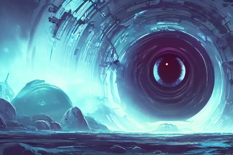 Image similar to giant mysterious eye, sci - fi, glow, abstract intricate, cinematic, wlop, dan mumford, octane render, artstation hd