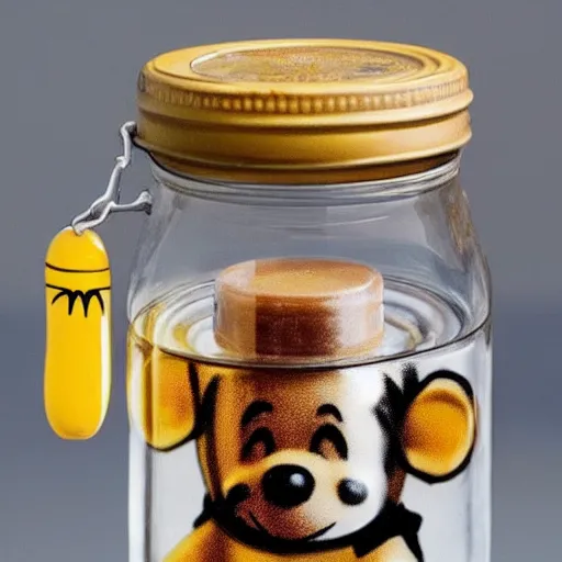 Image similar to a jar - sized winnie the pooh head = a jar of honey, surreal, realism