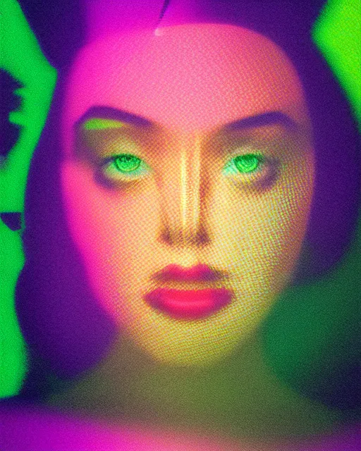 Prompt: futuristic chrome woman's face, violet and yellow and green sunset, polaroid photo, atmospheric, whimsical and psychedelic, grainy, expired film, glitched