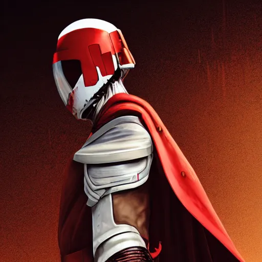 Image similar to a towering soldier with vertical nose slits, wearing blood - spattered glossy sleek white dinged scuffed armor and a long torn red cape, heroic posture, battle - weary, strained expression, determined expression, no helmet, on the surface of mars, dramatic lighting, cinematic, sci - fi, hyperrealistic, detailed