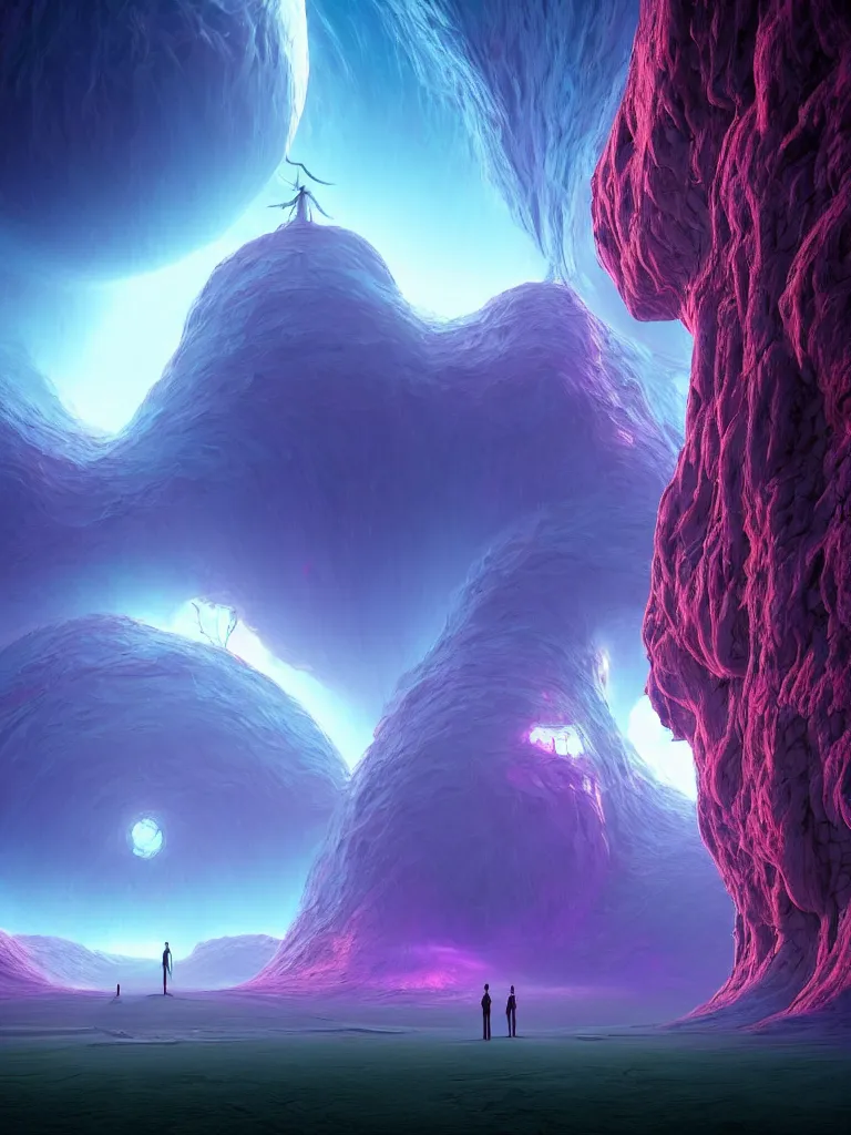 Image similar to entrance to ethereal realm, god waiting, rendered in unreal engine, central composition, symmetrical composition, dreamy colorful cyberpunk colors, 6 point perspective, fantasy landscape with anthropomorphic!!! terrain!!! in the styles of igor morski, jim warren, and rob gonsalves, intricate, hyperrealistic, volumetric lighting, big sky, distinct horizon