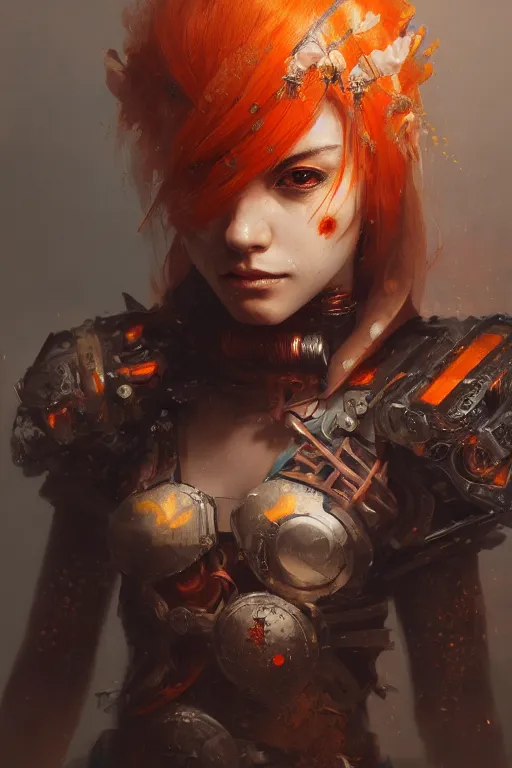 Image similar to portrait of beautiful young mainem, warhammer, japaneese style, cyberpunk armor, a lot of more scars, more and more flowers, orange head, the middle ages, highly detailed, artstation, illustration, art by greg rutkowski, 8 k quality