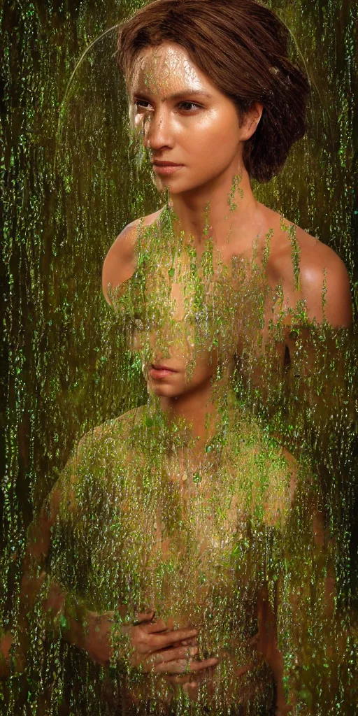 Image similar to full shot of a regal brown woman wearing an intricate and detailed armor made of dew drops. woman is standing in a lush green forest. multiple layers. reflections. morning dew. textures. delicate. translucent. extremely coherent. studio portrait. photorealistic. octane render