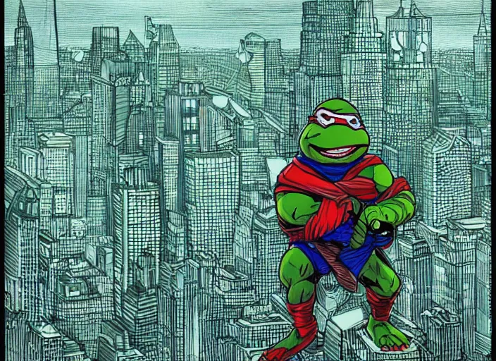Image similar to highly detailed cell shaded image of the ninja turtle raphael vigilantly watching over a beautiful new york city skyline at night. vivid color. trending on artstation