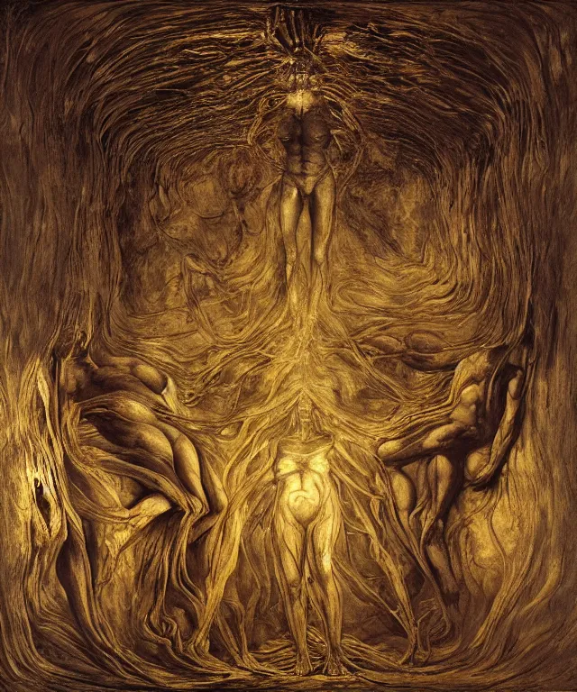 Image similar to The room without doors and windows with beautiful full-body wax sculpture of the glowing transparent woman with visible golden bones inside her in the singularity where stars becoming baroque folds of dark matter by Michelangelo da Caravaggio, Nicola Samori, William Blake, Alex Grey and Beksinski, dramatic volumetric lighting, super detailed oil painting, 8k, masterpiece