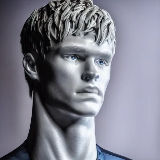 Prompt: a realistic detailed photo of a guy who is an attractive humanoid who is half robot and half humanoid, who is a male android, soccer player martin ødegaard, shiny skin, posing like a statue, blank stare, at the museum, on display