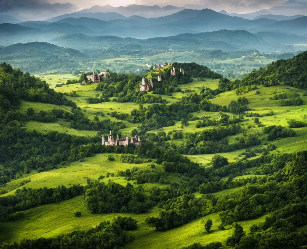 Prompt: Vast verdant valley surrounded by Transylvanian mountains, with a large zeppelin hovering in the foreground, and a ruined medieval castle on the hillside in the background. Late evening light in the summer, gloomy weather. Hyperrealistic, high quality, sharp, National Geographic, award-winning photography.