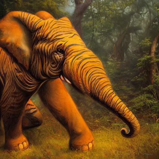 Image similar to tiger - elephant creature, oil painting by justin gerard