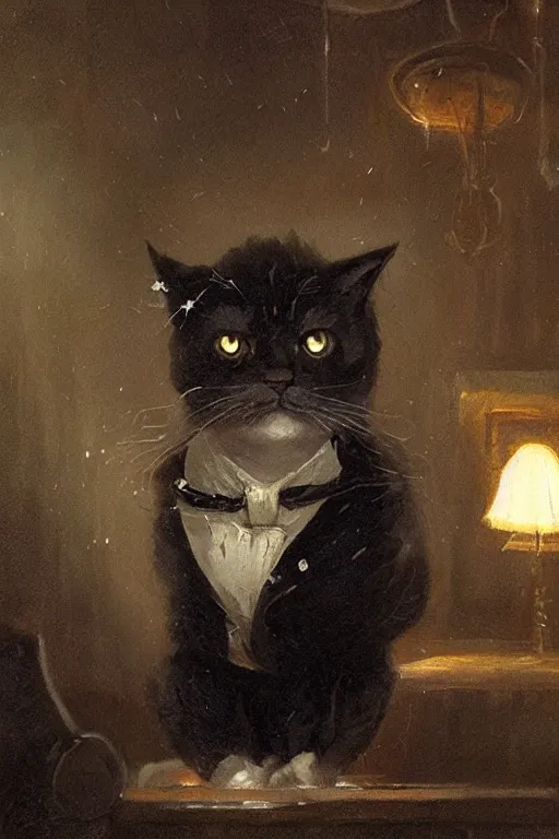 Image similar to of a gentlemen cat with the head of a british longhair cat, wearing vest suite in the night club, by greg rutkowski