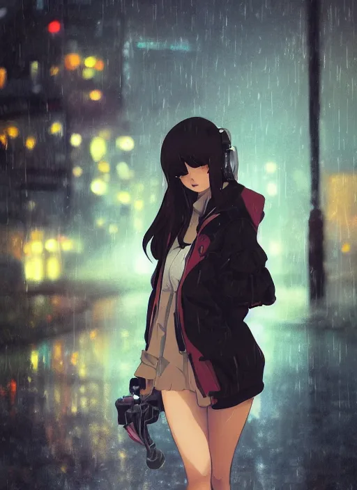 Image similar to listening to music at 2 am, night, pretty girl, pose, rain, lofi, lofi, peaceful, street light, anime key visual, poster, street wears, anime, by wlop, high quality, 4 k, trending, trending on artstation