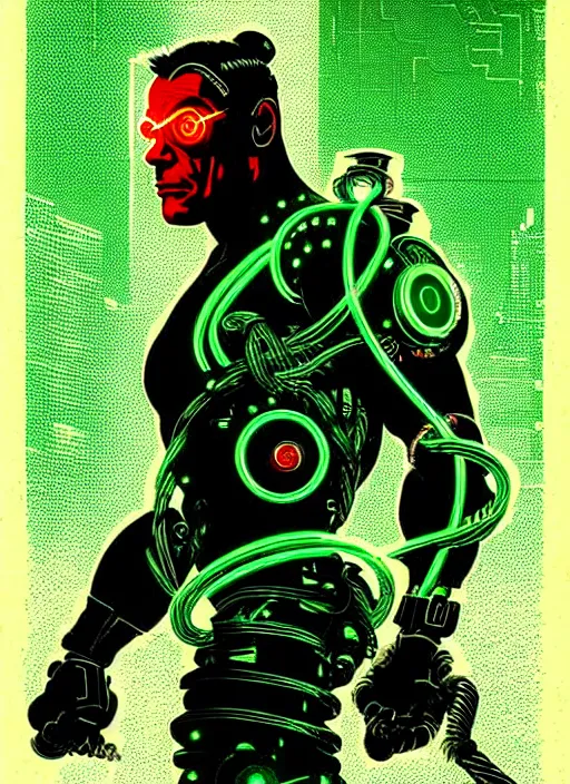 Prompt: Cyberpunk Jean-Claude Van Damme | Cyborg in Green Red surrounded by cables | 19th century wood-engraving , whole page illustration , rule of third, art in the style of greg rutkowski and thomas kinkade and Larry Elmore