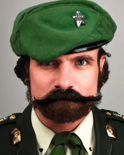Image similar to a photograph of a man with thick black mustache, green beret, posing for portrait, eye contact