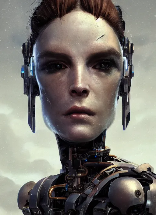 Image similar to A portrait of a monstrous female cyborg by Greg Rutkowski, Sung Choi, Mitchell Mohrhauser, Maciej Kuciara, Johnson Ting, Maxim Verehin, Peter Konig, final fantasy, 8k photorealistic, cinematic lighting, HD, high details, dramatic, atmospheric , trending on artstation