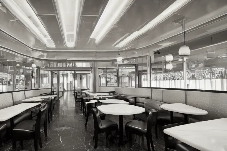 Prompt: 1982 diner interior with very high ceilings, parametric architecture, white, dramatic lighting, marble, luxury, 4k, unreal engine 85mm f/11 interior photography