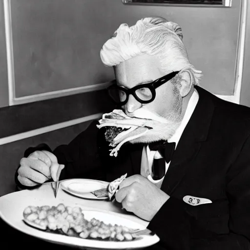 Image similar to An old vintage photograph of Colonel Sanders eating at McDonalds, 4k, highly detailed, photorealistic