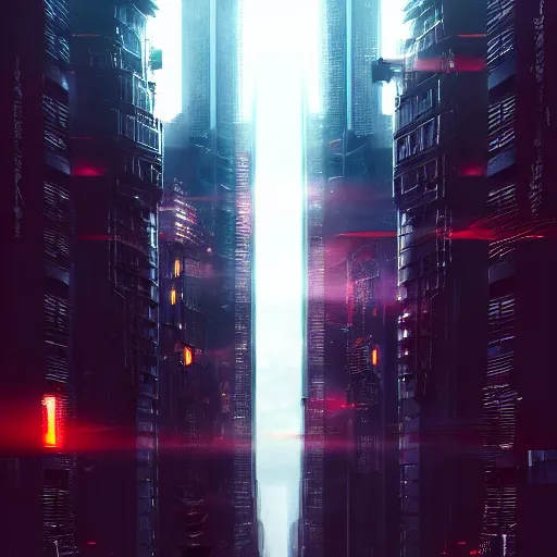 Image similar to Fully dark cyberpunk city with one building in the middle with only one window shining in style of Tsutomu Nihei. ArtStation, Cyberpunk, Vertical Symmetry, 8K, Highly Detailed, Intricate, Album Art.